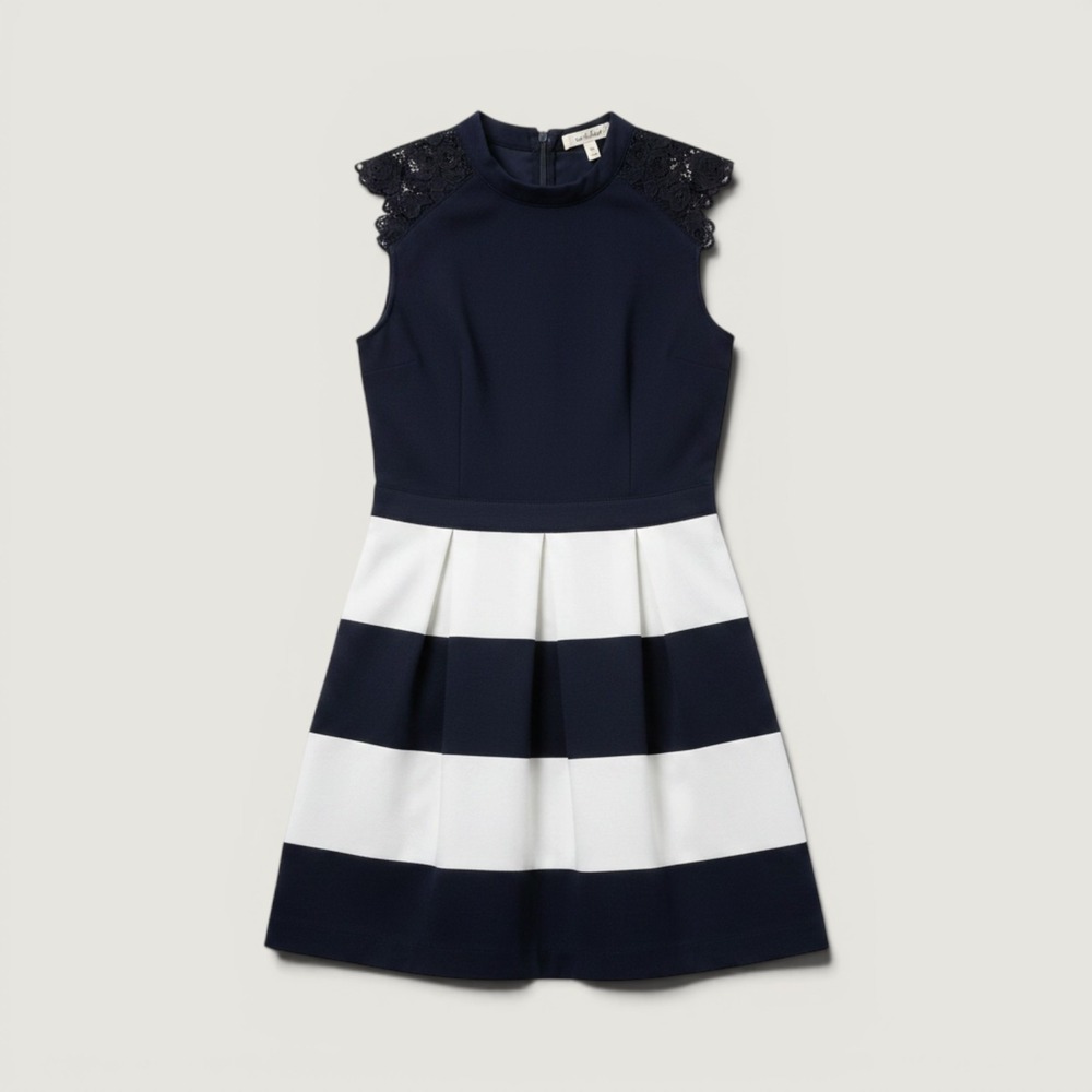 Speechless Junior Medium Navy Blue White Striped Dress A-Line Crochet Sleeve